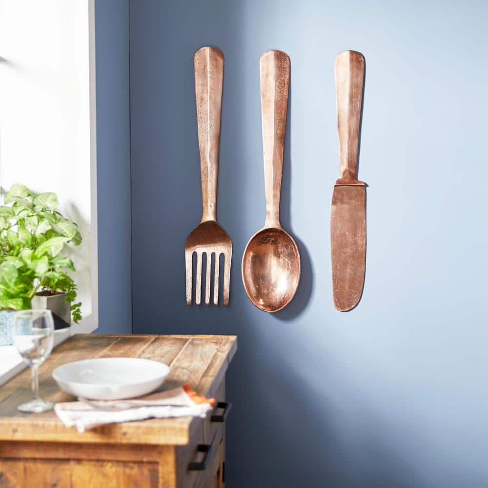 Litton Lane Aluminum Copper Knife, Spoon and Fork Utensils Wall Decor (Set of 3)