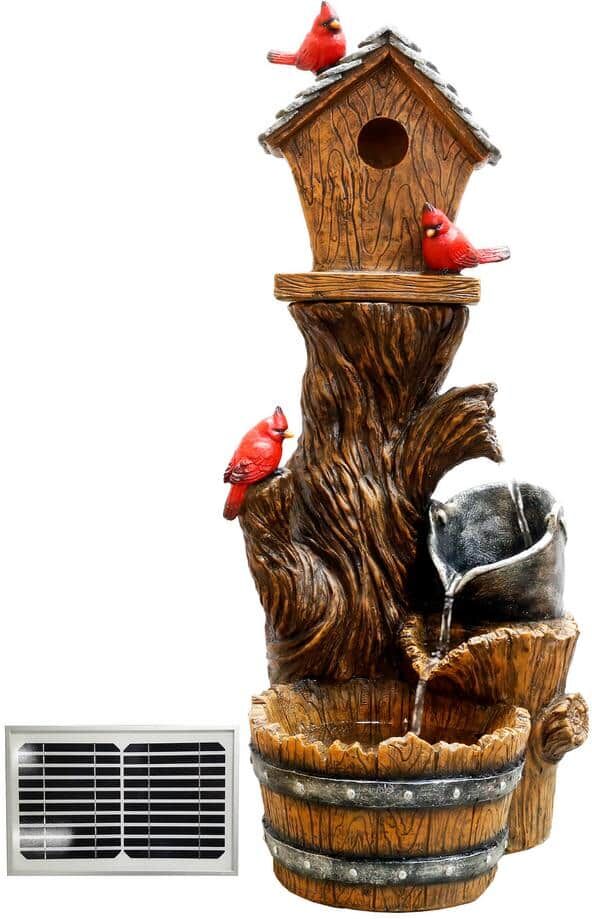 Alpine 32 in. H Solar-Powered Cascading Barrel Fountain and Cardinal Birdhouse