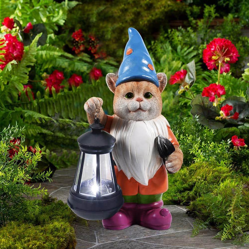 Goodeco Solar Garden Statue Cat Gnome Figurine- Best Art Decor for, Unique Housewarming Gift for Garden