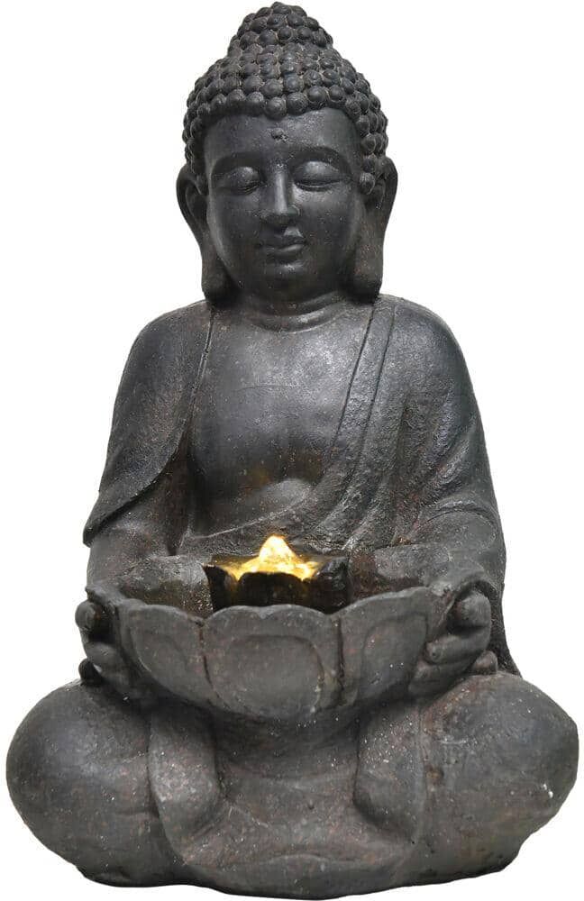 Hanover 18 in. Buddha Statue Indoor or Outdoor Garden Fountain with LED Lights for Patio, Deck, Porch