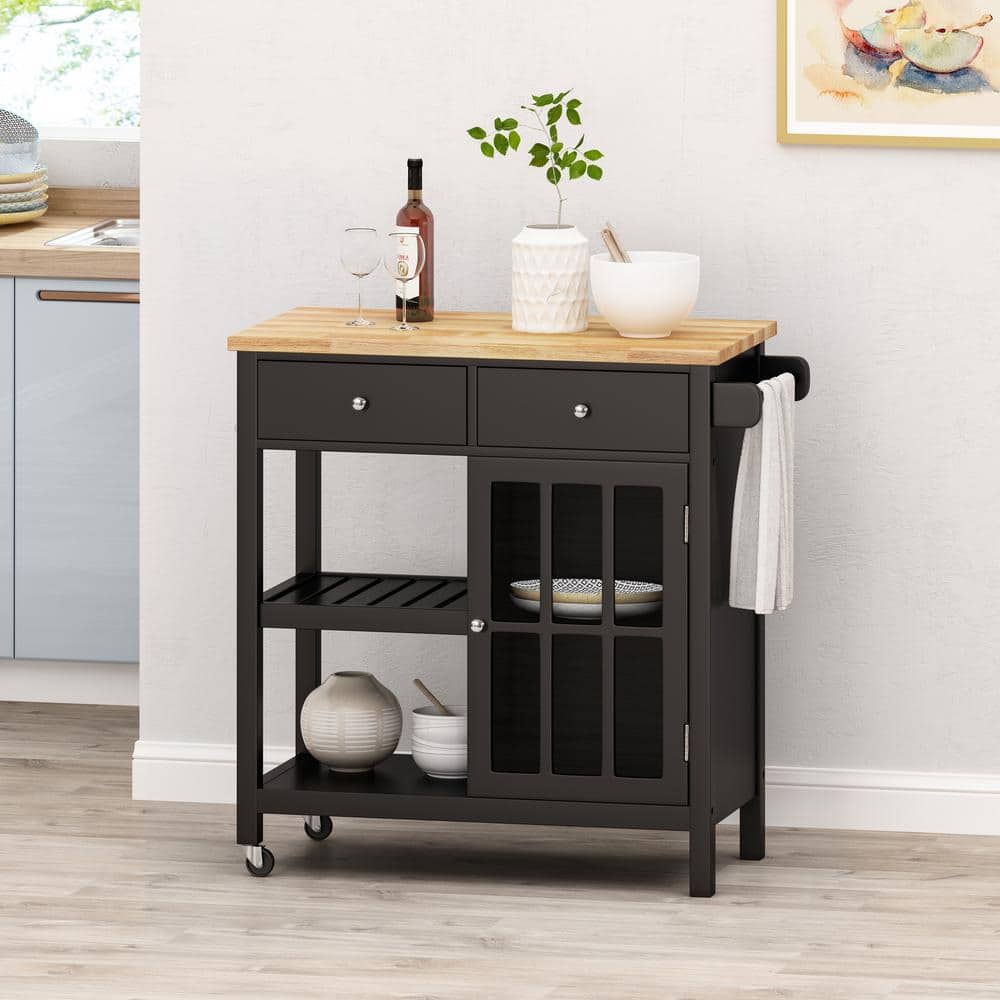 Noble House Byway Black Kitchen Cart with Cabinets