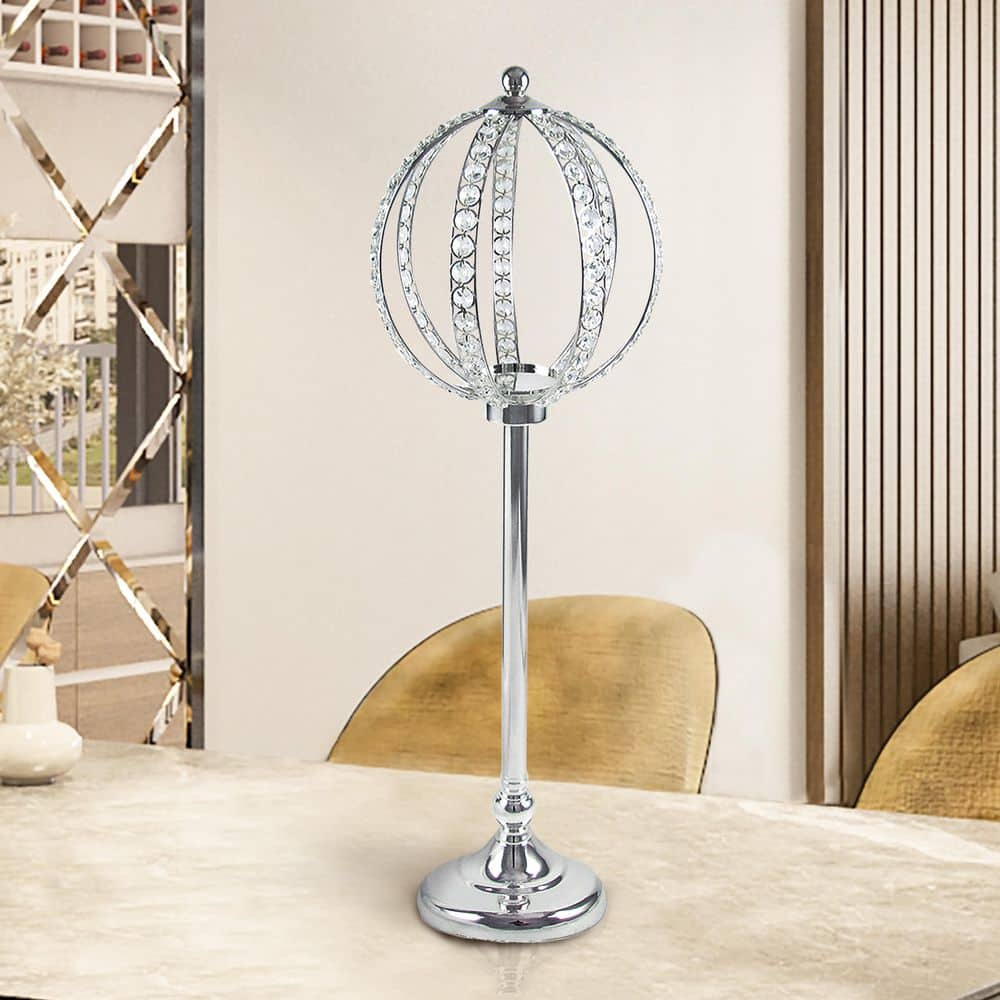 Large Silver Crystal Bead Decorative Ball Accent Piece Centerpiece Stand 31.5 in.