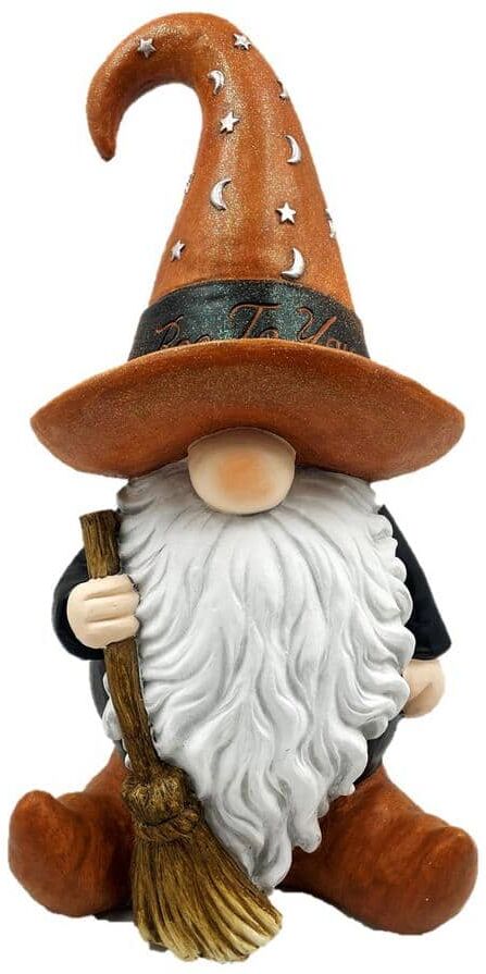 Zaer Ltd. International 20 in. Tall Halloween Gnome Warlock with Broom and Brown Hat