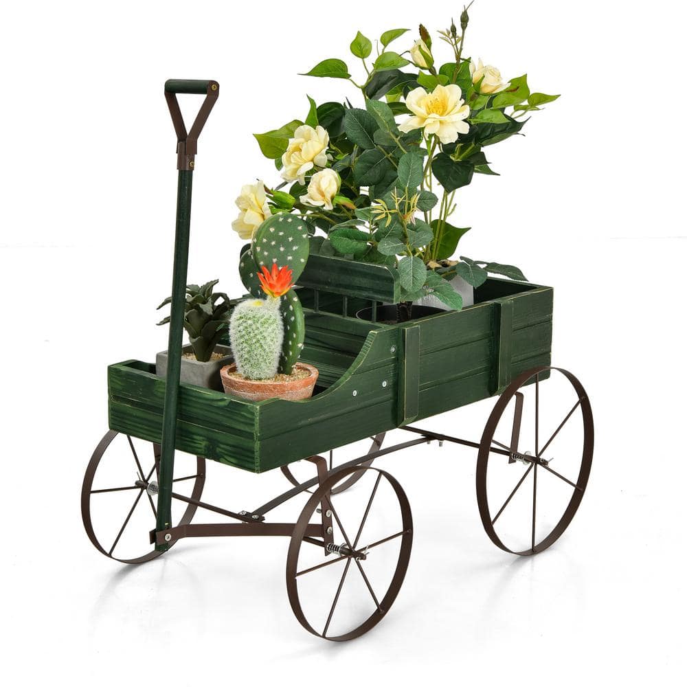 HONEY JOY Wooden Garden Flower Planter Wagon Wheel Plant Bed Decorative Garden Planter for Backyard Garden Green