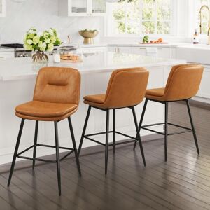 LUE BONA 24 in. Modern Metal Frame Whiskey Brown Faux Leather Upholstered Counter Stools with Footrest Set of 3