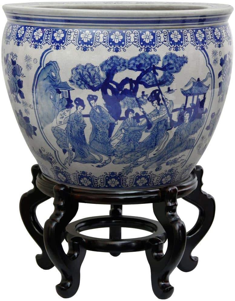 Oriental Furniture 12 in. Ladies Blue and White Porcelain Fishbowl