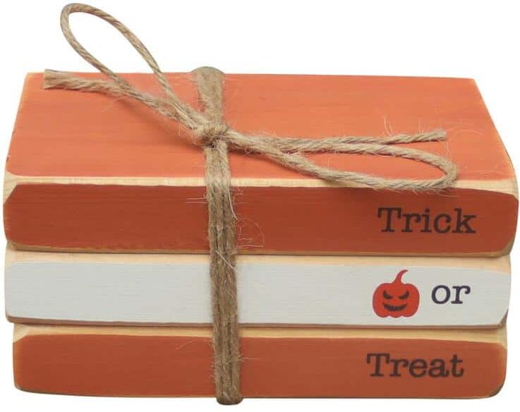 PARISLOFT 2.8 in. Orange and White Trick or Treat Halloween Decorative Faux Wood Books