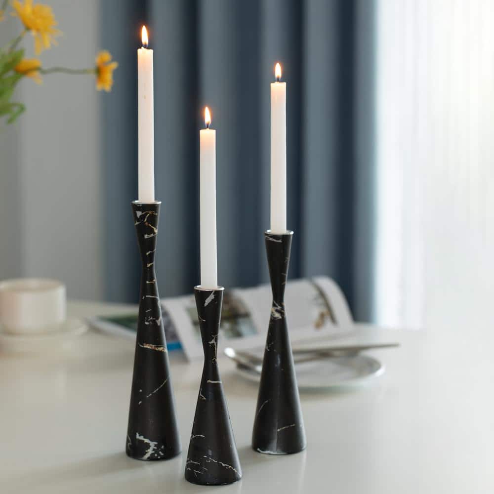 FABULAXE Marble Resin Candle Holders - Set of 3 Taper Candlesticks for Home Decor, Table Centerpieces, Interior Accents, Black