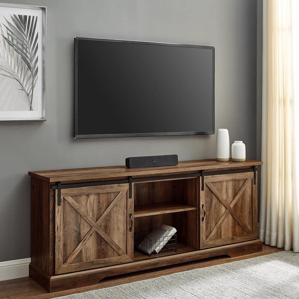 Welwick Designs 70 in. Reclaimed Barnwood Wood and Metal TV Stand Fits TVs up to 80 in. with Sliding X Barn Doors (Max tv size 80 in.)