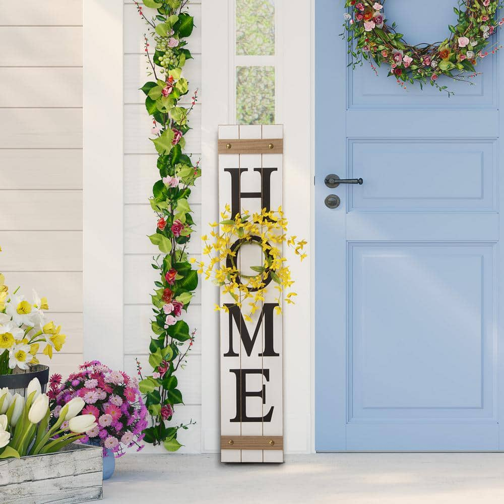 Glitzhome 8 in. L x 42 in. H Wooden Home Porch Sign, with 3 Changeable Wreathes (Spring/Fall/Christmas)