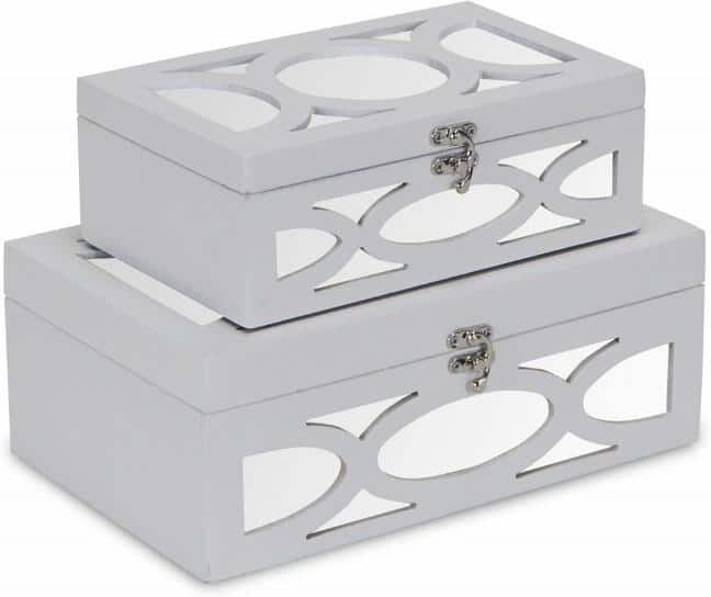 HomeRoots White Oval Scroll Mirror Jewelry Storage Boxes (Set of 2)