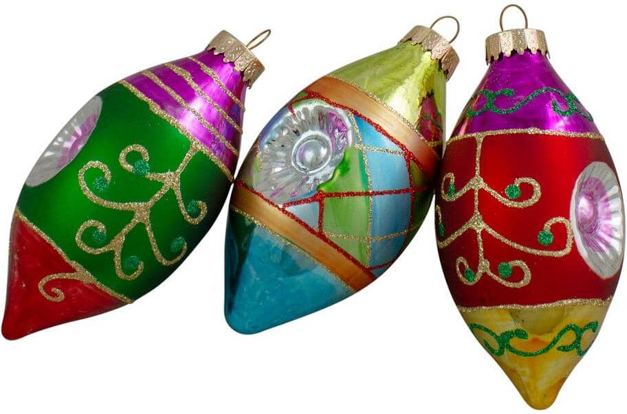 Northlight 4.25 in. (100 mm) Multi-Color with Retro Reflectors Glass Finial Christmas Ornament Set (3-Count)