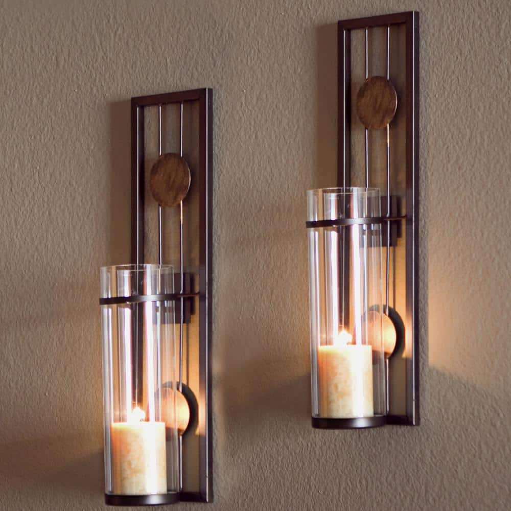 DANYA B Contemporary Metal Brown Wall Candle Sconces with Antique Patina Medallions (Set of 2), Brown/Tan