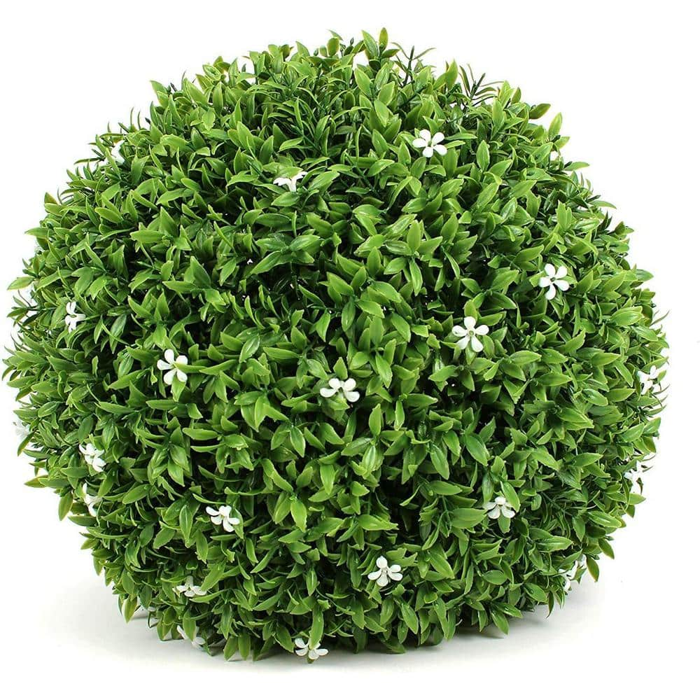 Indoor 15 in. Artificial Boxwood Topiary Ball Artificial Plant Ball with White Flower for Wedding Party Decoration