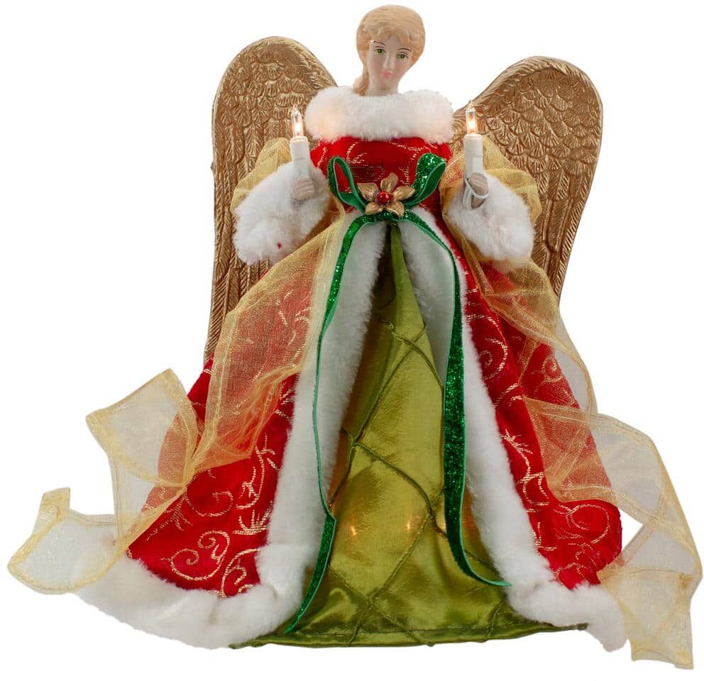 Northlight 12 in. Lighted Red and Green Angel with Wings Christmas Tree Topper - Clear Lights