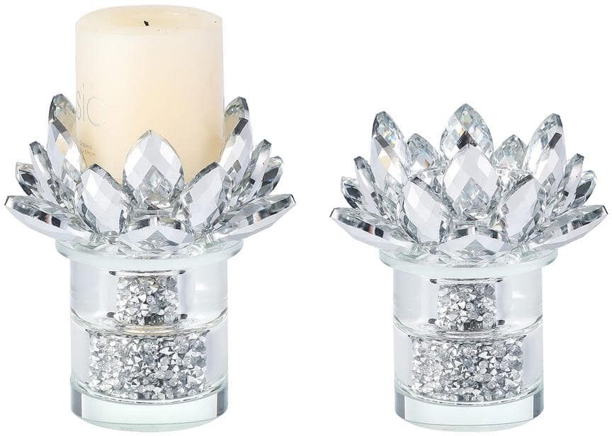 Crystal Candle Holders Set of 2, Silver Lotus Flower Holder, Ideal Decor for Table Centerpiece