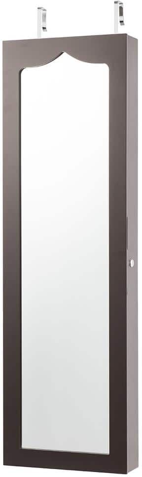 HONEY JOY Brown Lockable Wall Mounted Jewelry Armoire with Mirror and LED Lights 47.5 in. H x 4.5 in. W x 14.5 in. L