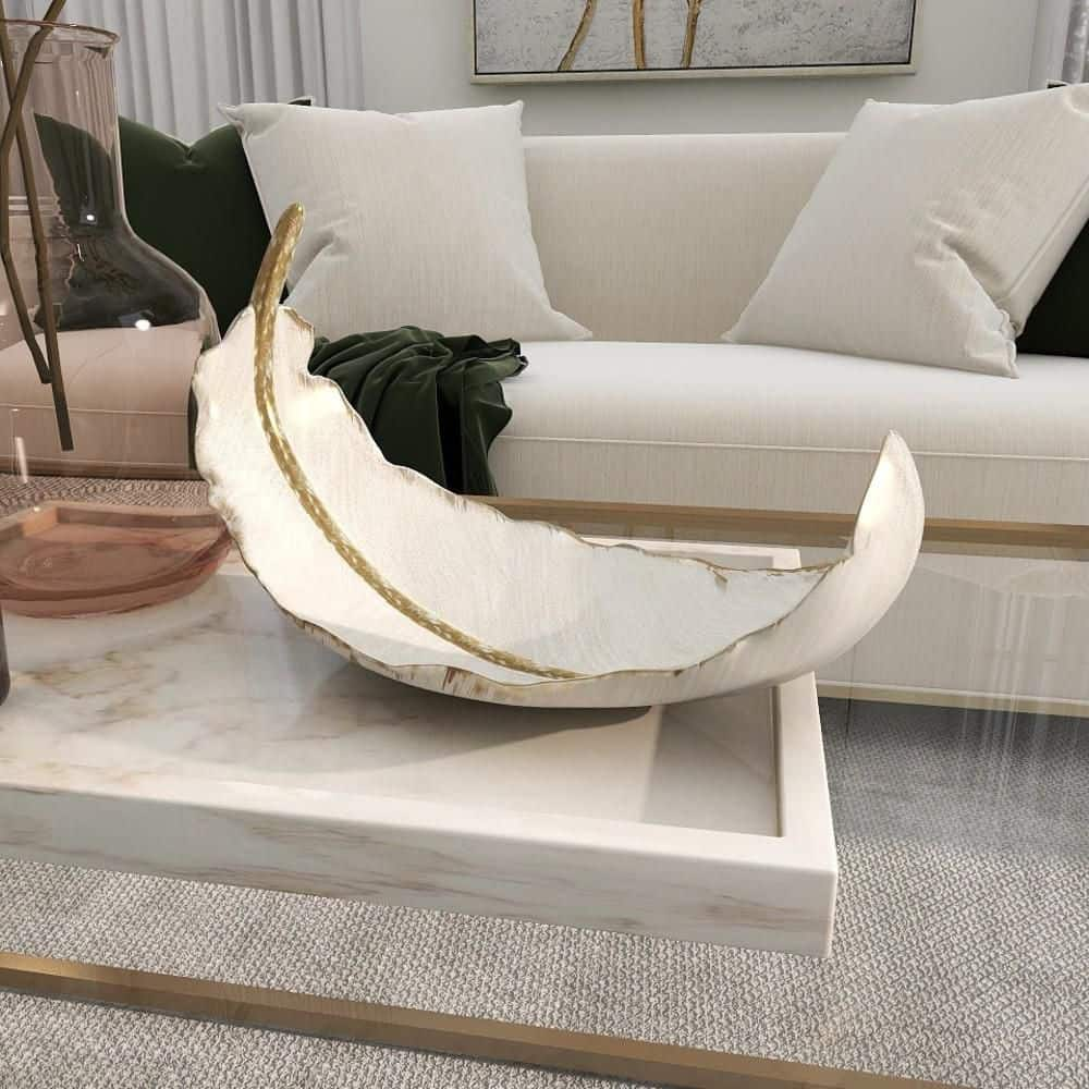 CosmoLiving by Cosmopolitan White Polystone Bird Curved Feather Decorative Bowl with Gold Accents