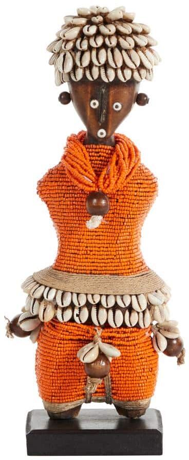 Litton Lane Small Hand-Crafted Pine Wood, Cowrie Shells, Orange Beads and Kente Cloth African Woman Namji Doll