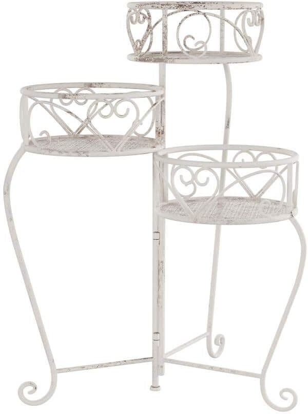 Pure 3-Tier Antique White Metal Decorative Folding Plant Stand Display with Laser Cut Shelves