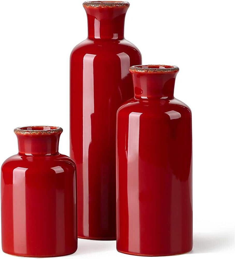 Afoxsos Ceramic Rustic Vintage Vase with 3 Piece Set of Glazed Decorative Vase Table for Table, Fireplace Decor, Living Room,Red