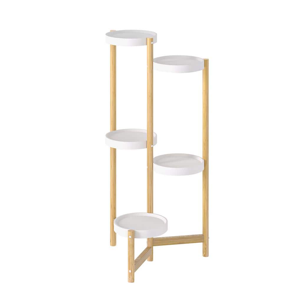 AESOME 5-Tier Bamboo Plant Stand 36.6 in. Tall Flower Pot Display Shelf Holder Nordic Style Wooden Rack with White Shelves