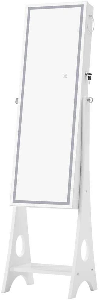 White Lockable Standing Jewelry Armoire Organizer with Full-Length Mirror, With LED Lights