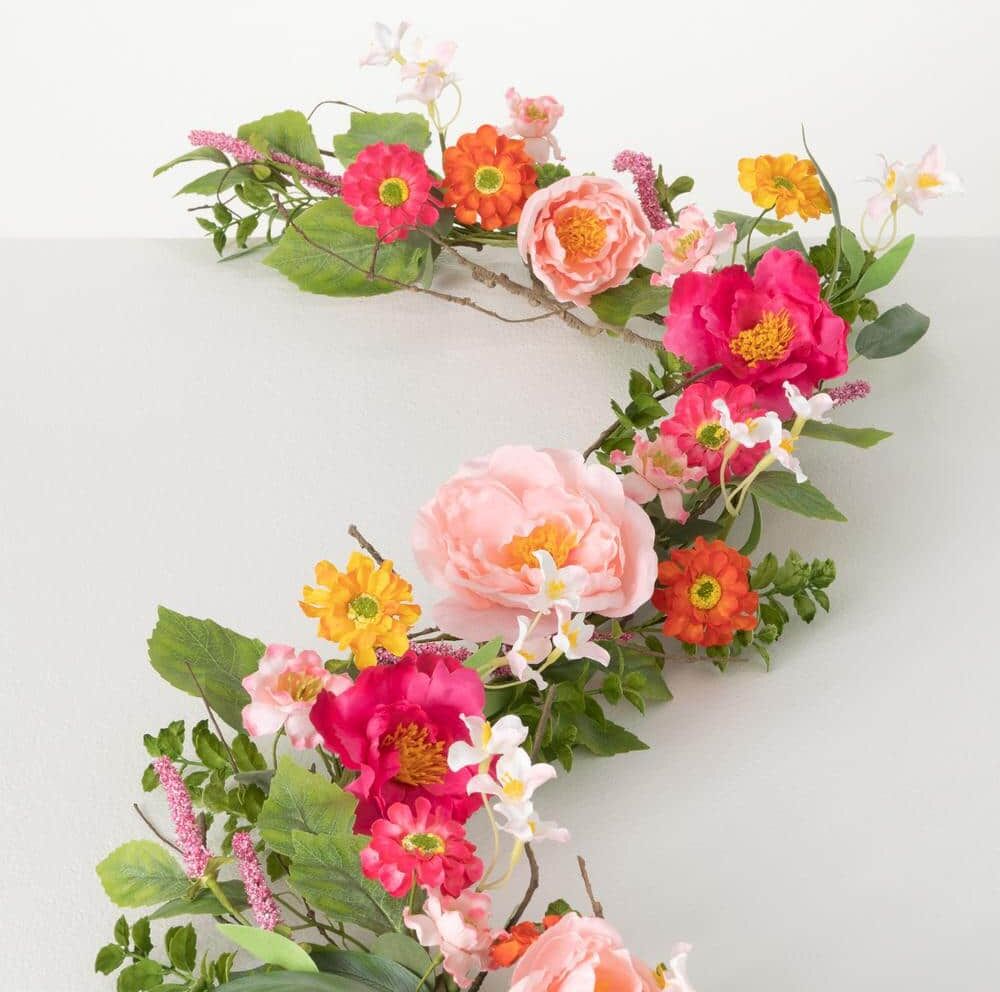 SULLIVANS 66.25" Artificial Vibrant Assorted Flowers Garland; Pink