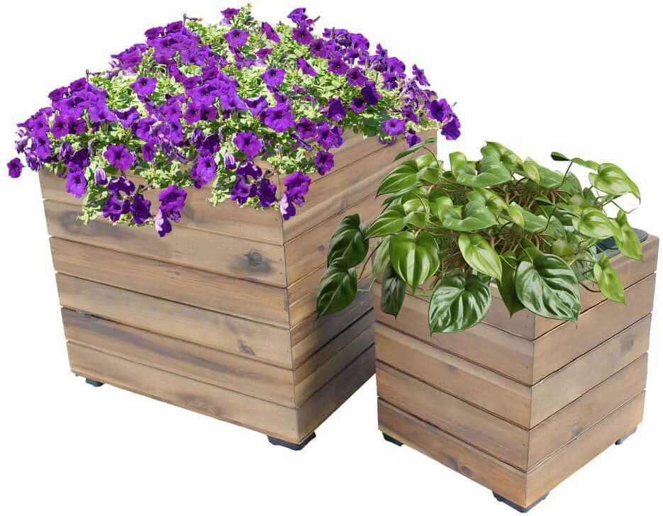 Sunnydaze Decor 2-Piece Large Acacia Wood Square Planter Boxes with Plastic Liners - Horizontal Plank - Anthracite Stain