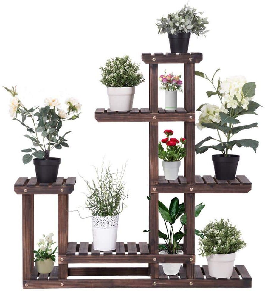 Costway 44 in. L x 10 in. W x 38 in. H (L x W x H) Tiered Indoor Outdoor Brown Wood Plant Stand (6-Tiers) Display Stand