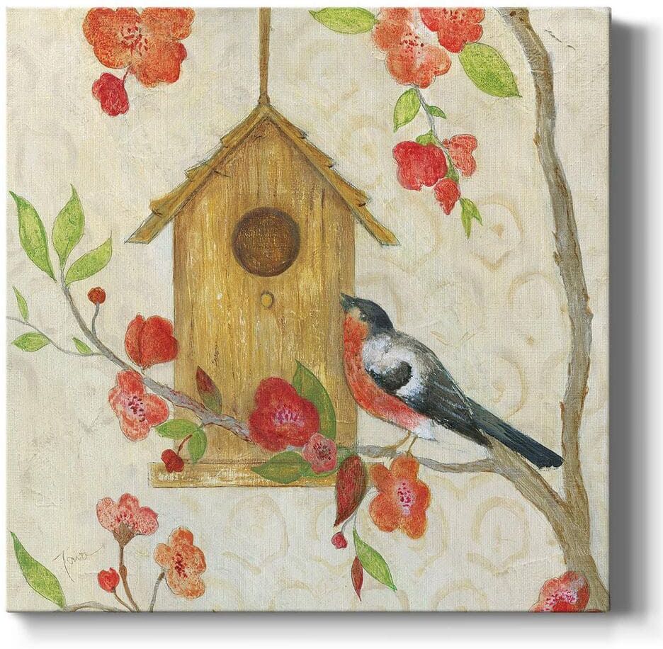 Wexford Home Robin On Branch With Bird House 10 in. x 10 in. White Stretched Picture Frame by Tava Studios