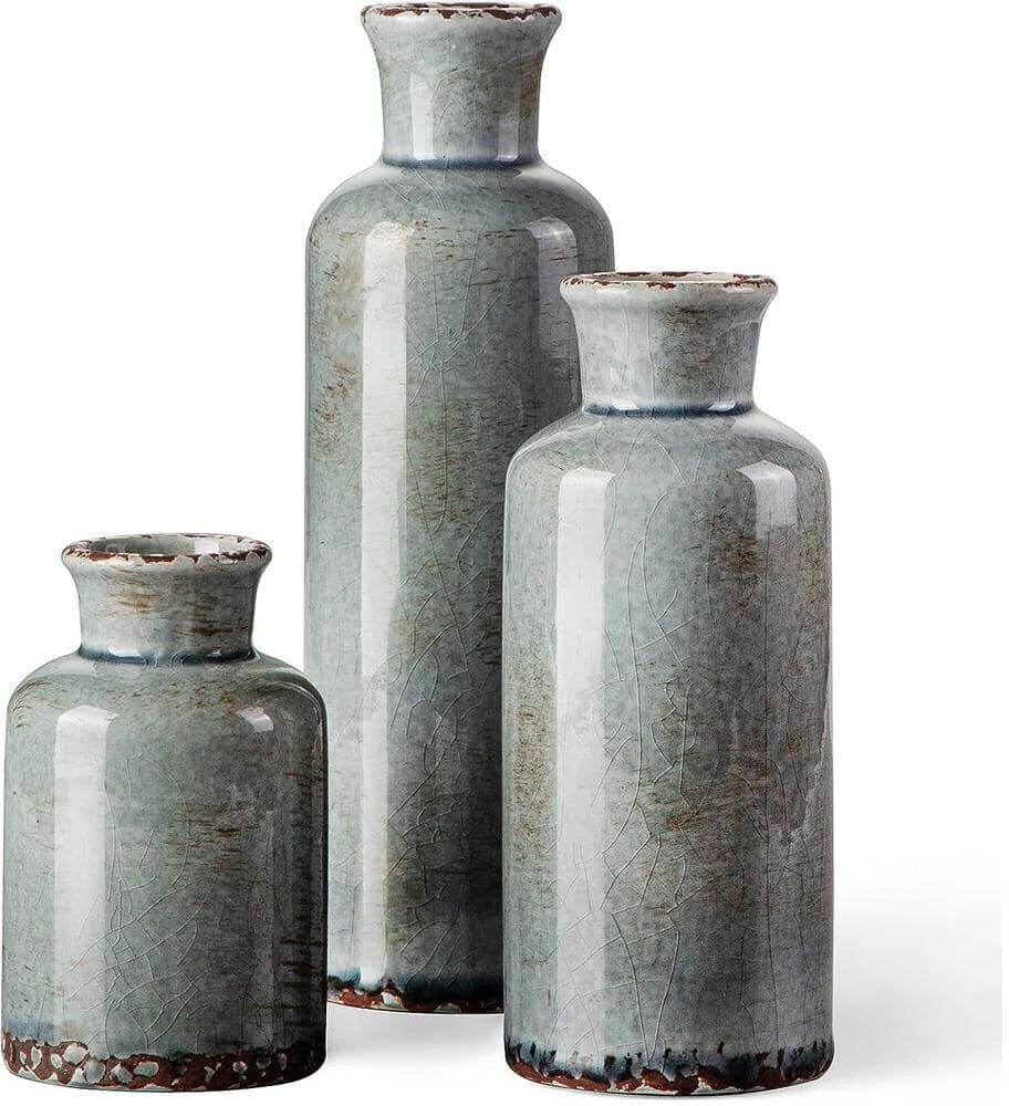 Afoxsos Ceramic Rustic Vintage Vase with 3 Piece Set of Glazed Decorative Vase Table, Grey Blue