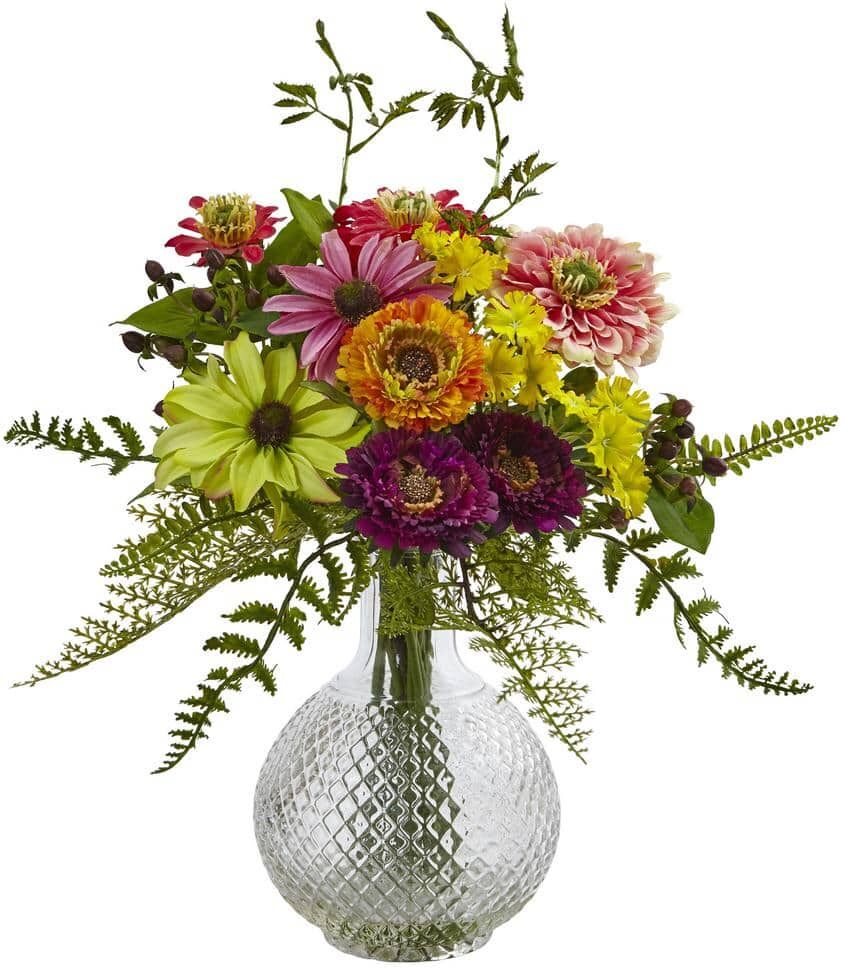 Nearly Natural 15 in. Artificial Mixed Flower in Glass Vase