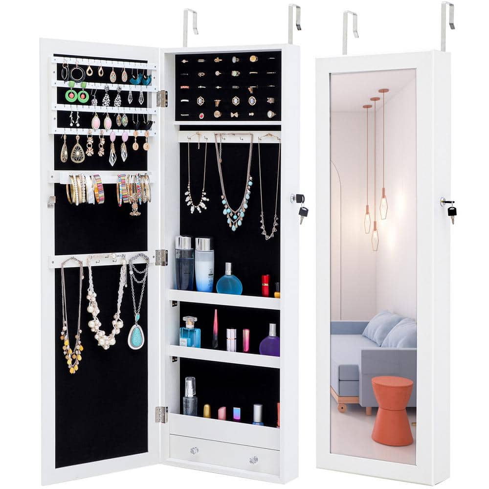 YOFE Fashion Simple White Hung On The Door Or Wall Jewelry Armoire with Mirror and Lockable 43.3 H x 14.2 W x 3.9 D in.