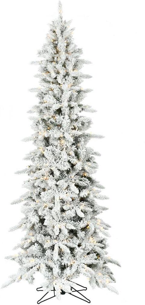 Christmas Time 6.5 ft. Prelit Slim White Pine Flocked Artificial Christmas Tree with LED String Lights