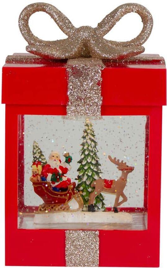 Northlight 7 in. Lighted Red Gift Box Christmas Snow Globe With Santa and Reindeer