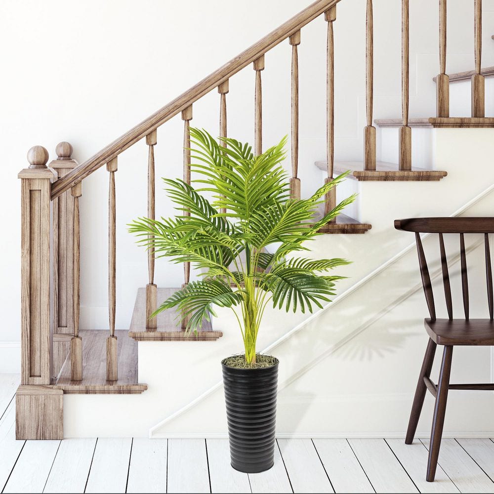 LCG SALES 48 in. Palm in Black Ribbed Metal Planter