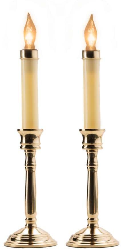 12 in. Brass Electric Christmas Window Candles with Solid Holder (Set of 2)