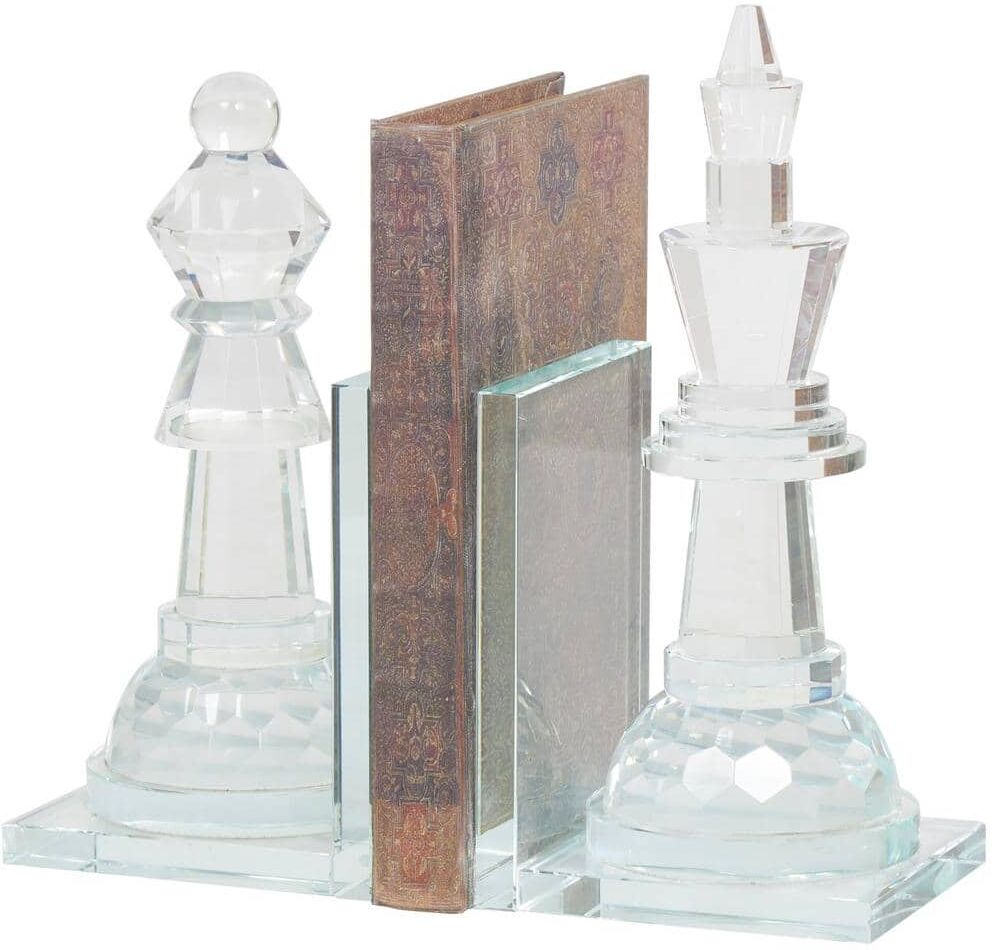 Litton Lane Clear Crystal Oversized Chess Bookends with Cut Crystal Designs (Set of 2)