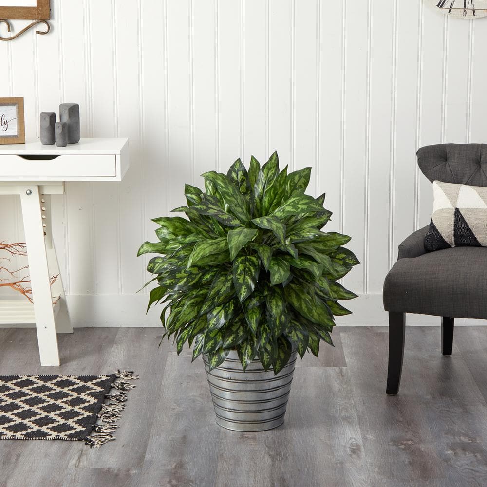 Nearly Natural 34 in. Artificial Silver King Plant in Decorative Tin Bucket