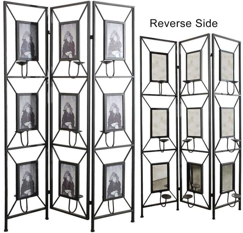 6 ft. Black Wood Folding Privacy Screen Room Decorative Screen with Photo Frames, Antique Mirror, Candle Stick (3-Panel)