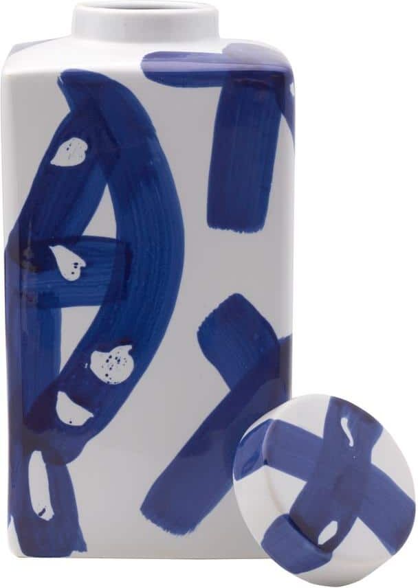 Mikasa Blue and White Paint Stroke Square Ceramic Ginger Jar, Store Small Household Items or Display Faux Florals, 11 in.