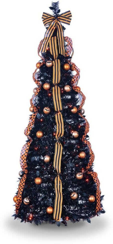 GERSON INTERNATIONAL 6 ft. Black Pop-Up Pre-Lit Artificial Halloween Tree with 100 Orange LED Lights