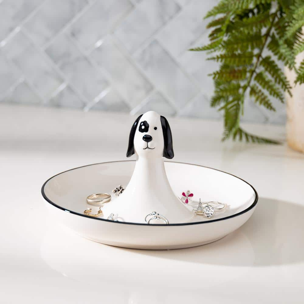 GG COLLECTION 7.13 in. L Black and White Porcelain Dog Themed Ring Dish