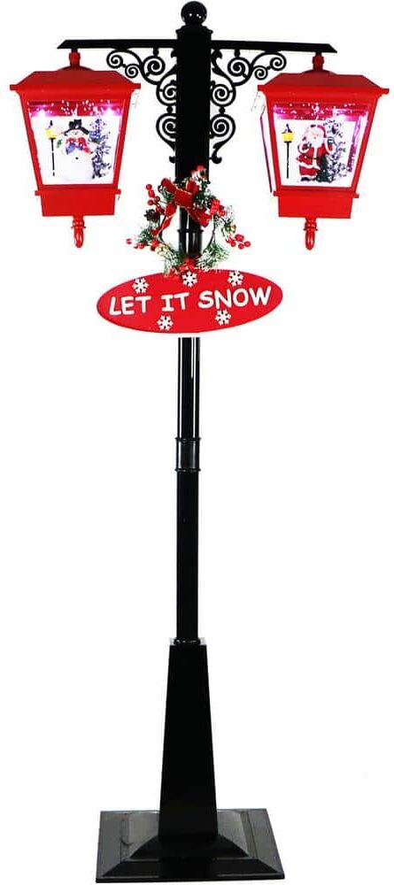 Christmas Time 71 in. Red and Black Musical Christmas Dual-Lantern Street Lamp with Santa, Snowman, Signs and Cascading Snow