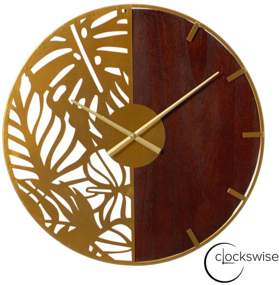 CLOCKWISE 24 in. Round Big Wall Clock, Brown Wood, and Gold Metal with Leaf Cutout Oversize Timepiece, Hanging Supplies Included