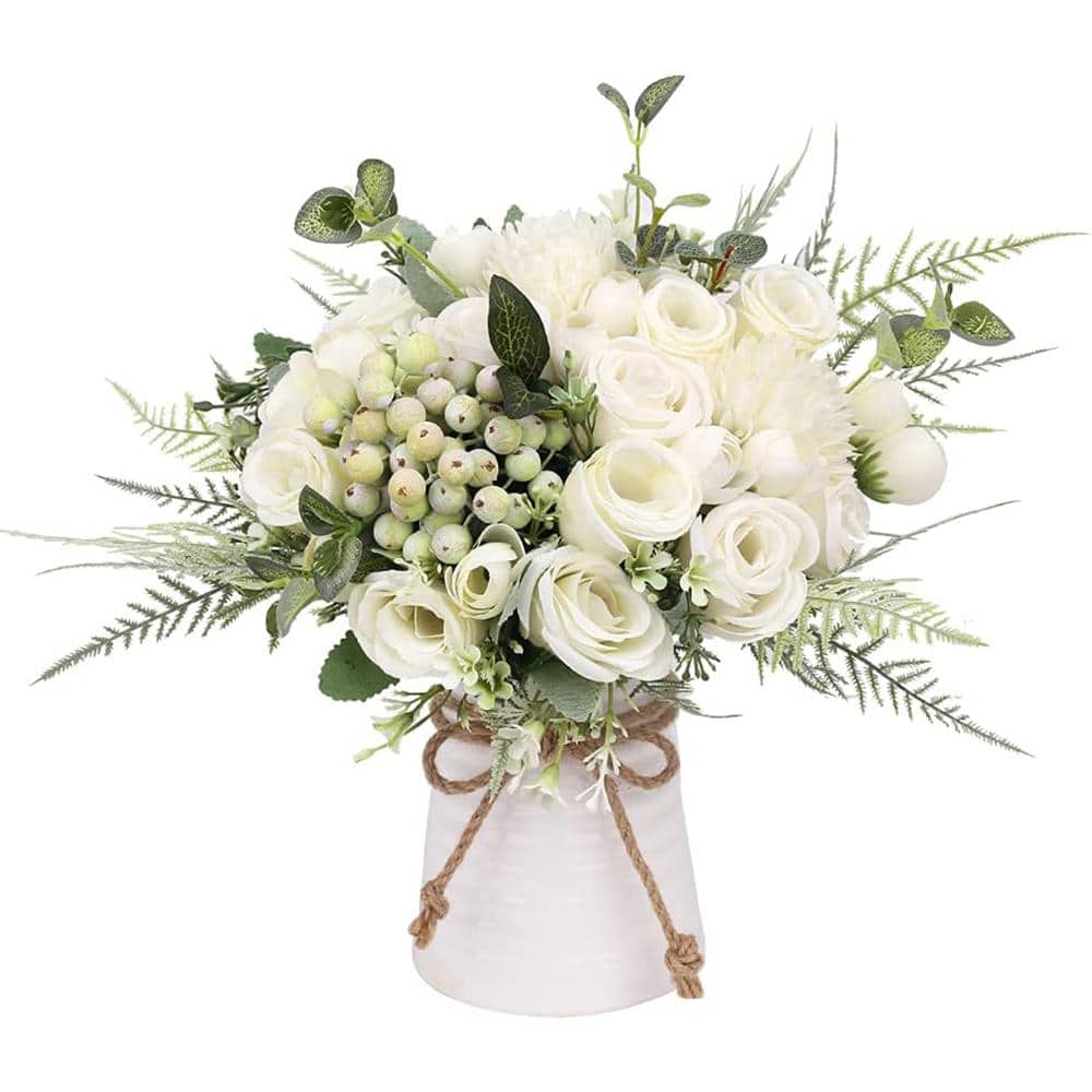 Cubilan 12.6 in. White Artificial Rose Flowers in Vase