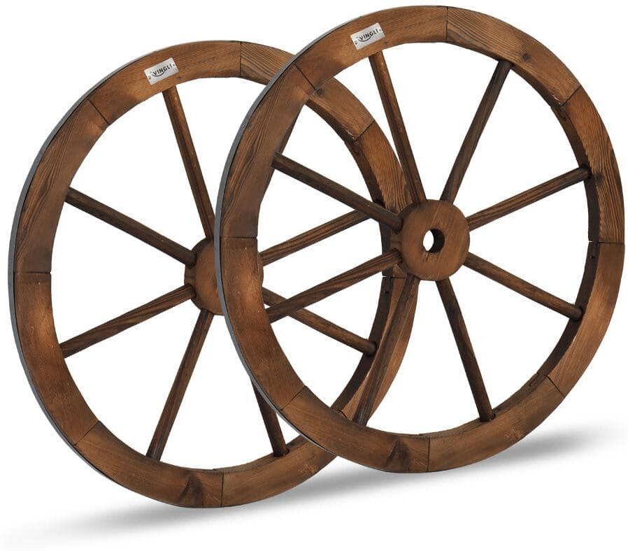 VINGLI 24 in. Wood Wagon Wheel Decorative Wooden Wheel Vintage Old Western Style Wall Hanging (Set of 2)