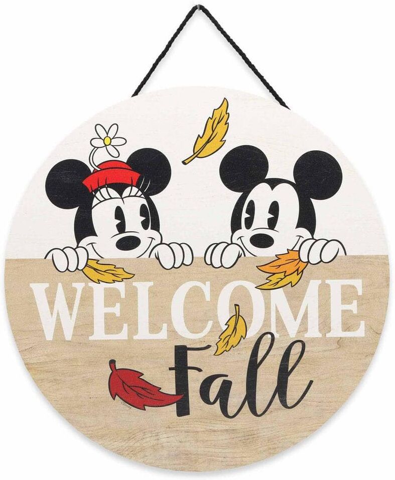 Disney 11 in. Tan Mickey and Minnie Mouse Welcome Fall Round Hanging Wood Wall Decor