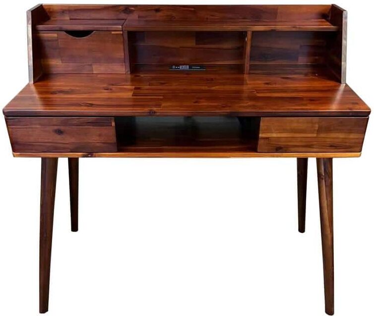 39 in. Mahogany Acacia Wood Laptop Desk with Charging Station